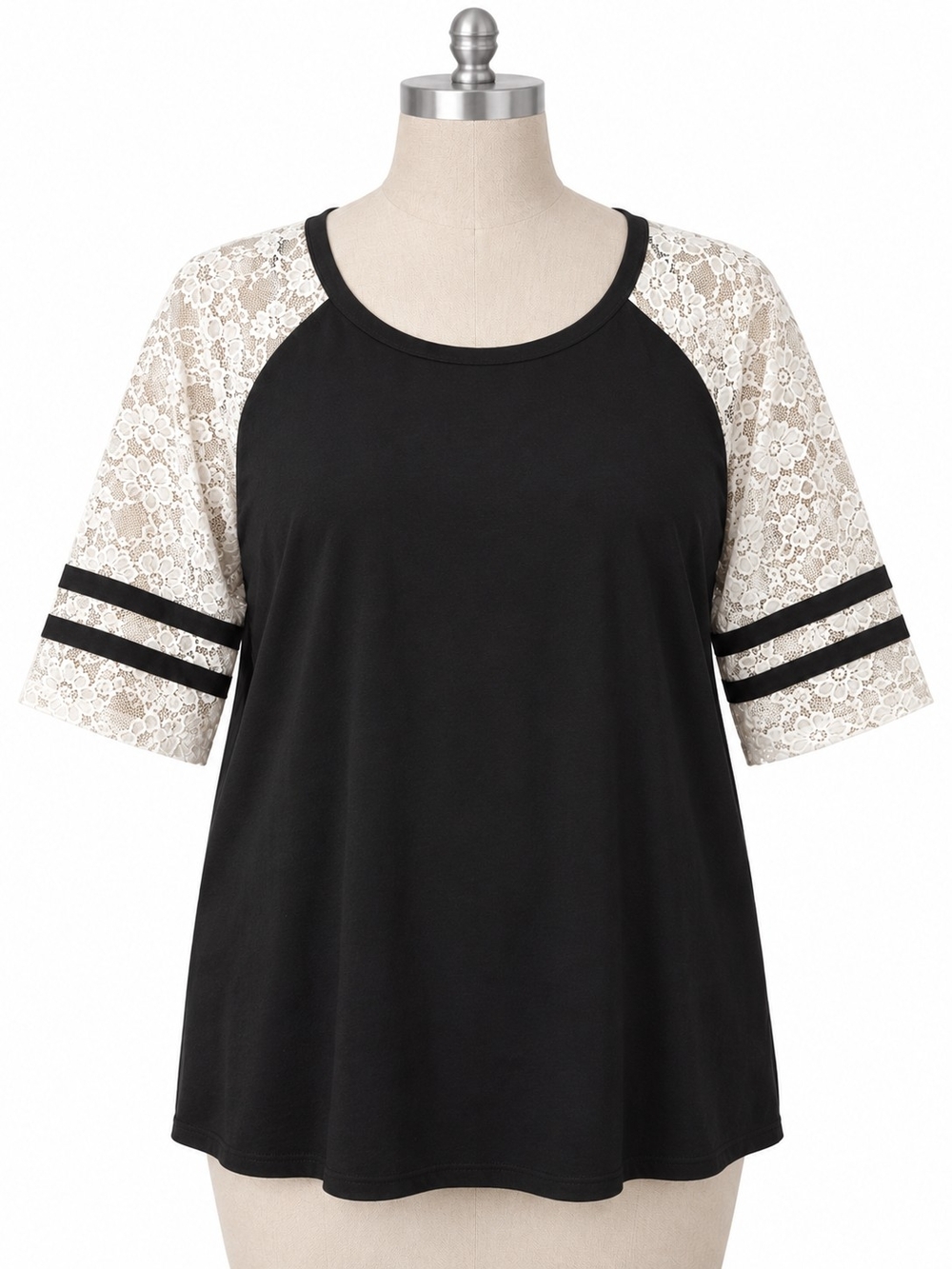 Torrid Black Raglan Tee w/ White Lace Varsity Stripe Sleeves Size 2 (18/20)